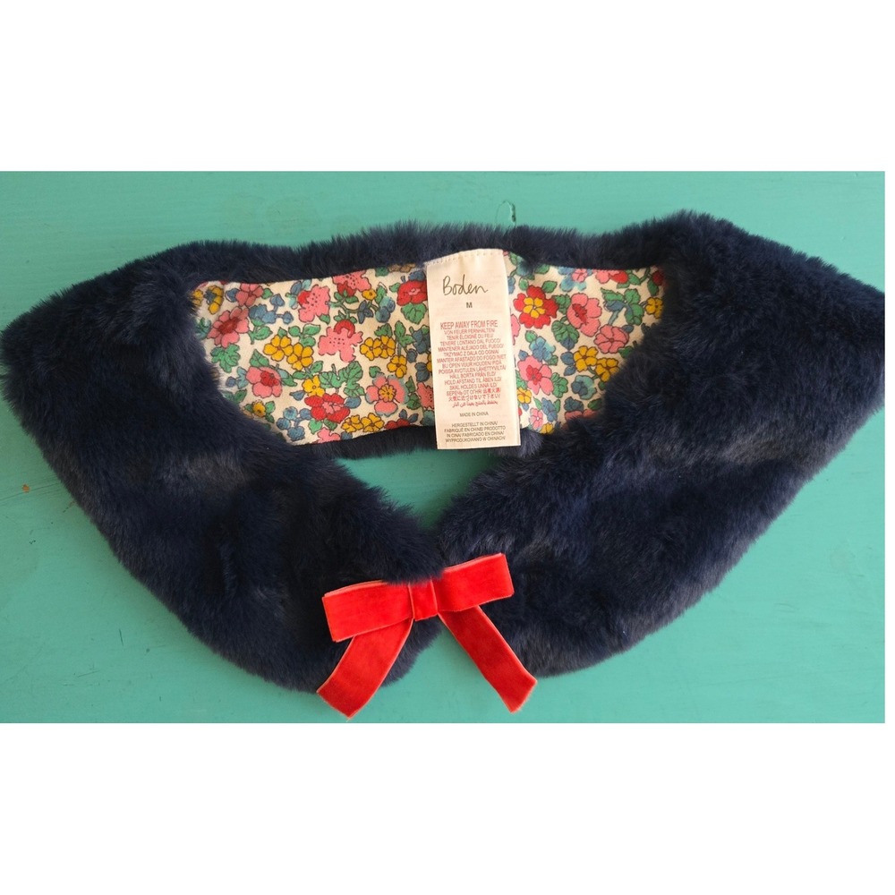 Mini Boden Kids Faux Fur Collar‎ Neck Warmer Red Bow Floral Lining